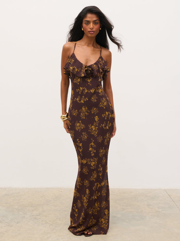 Kavita is 5'7" & Wears Size UK 6|Marlowe Corsage Ruffle Maxi Dress - Brown and Orange Ditsy Floral