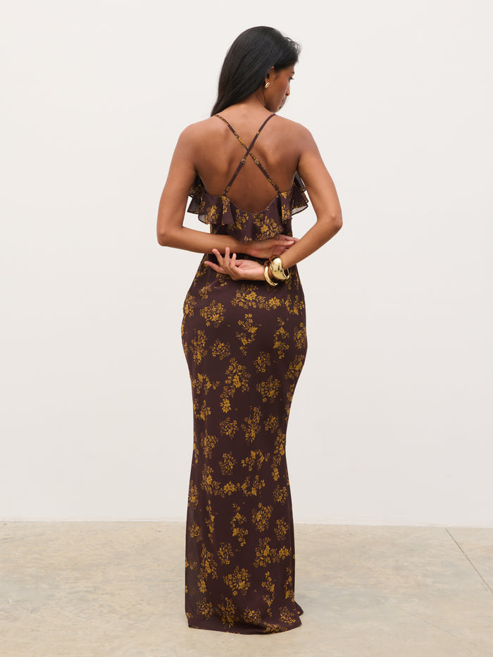 Kavita is 5'7" & Wears Size UK 6|Marlowe Corsage Ruffle Maxi Dress - Brown and Orange Ditsy Floral