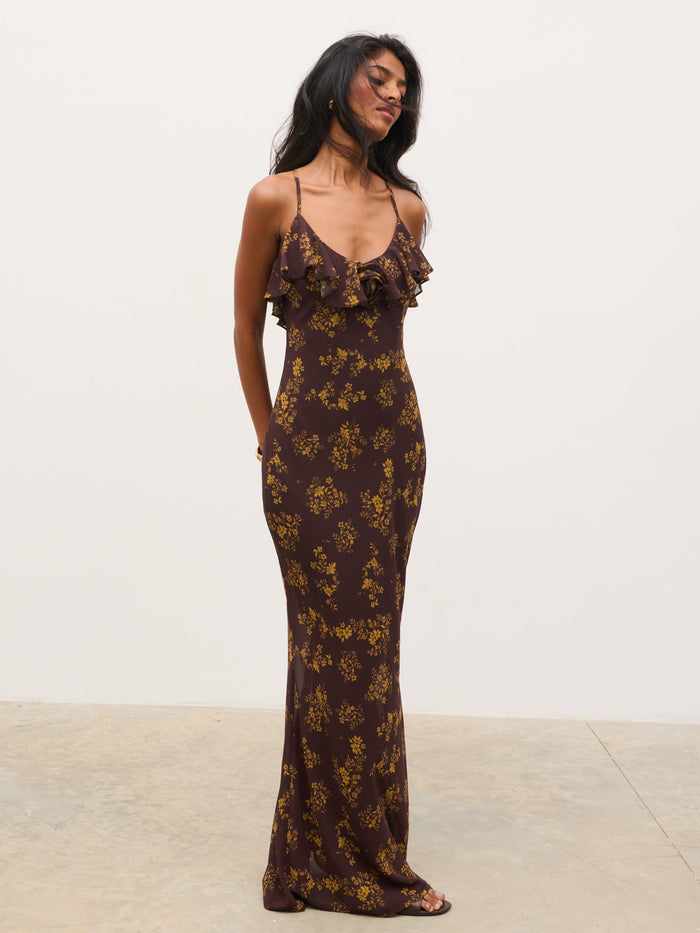 Kavita is 5'7" & Wears Size UK 6|Marlowe Corsage Ruffle Maxi Dress - Brown and Orange Ditsy Floral