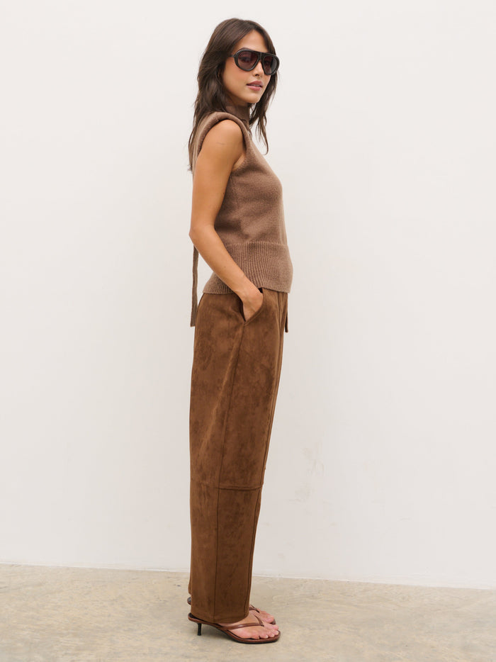 Anna is 5'6" & Wears Size UK XS|Matilda Sleeveless Relaxed Knit Top with Scarf - Chestnut