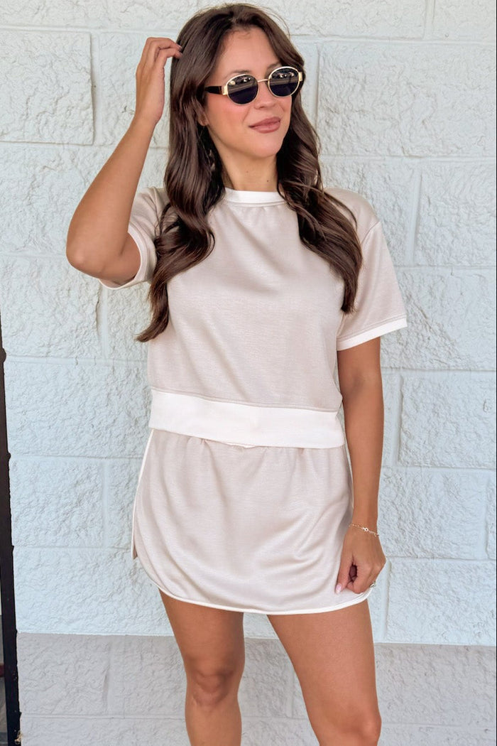 beige with pale pink trim details short sleeve crew neckline knit loungewear top