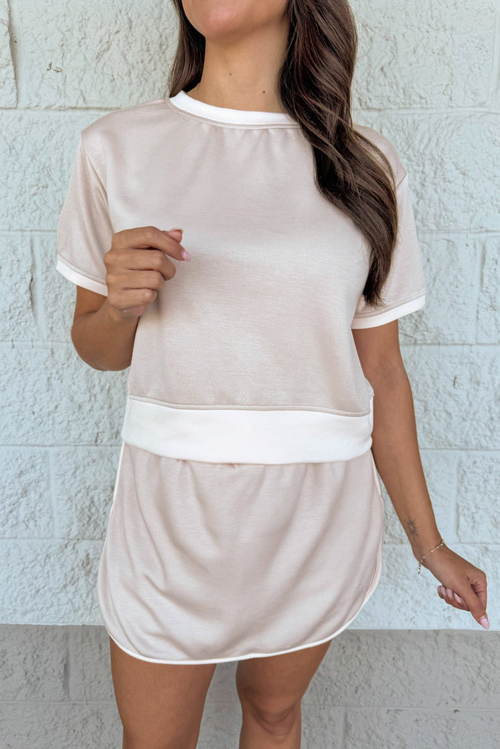 beige with pale pink trim details short sleeve crew neckline semi-cropped knit loungewear top