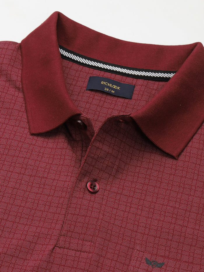 Men Maroon Regular Fit Checked Polo Neck T-shirt