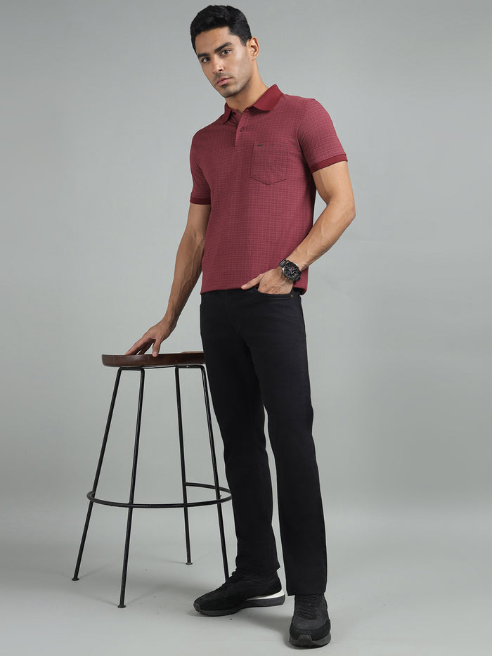 Men Maroon Regular Fit Checked Polo Neck T-shirt