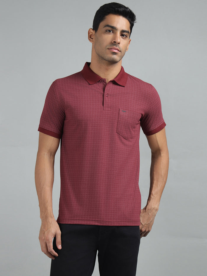 Men Maroon Regular Fit Checked Polo Neck T-shirt