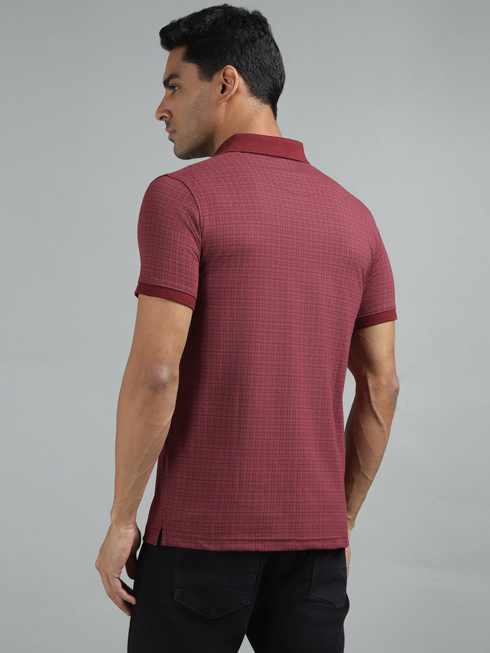 Men Maroon Regular Fit Checked Polo Neck T-shirt
