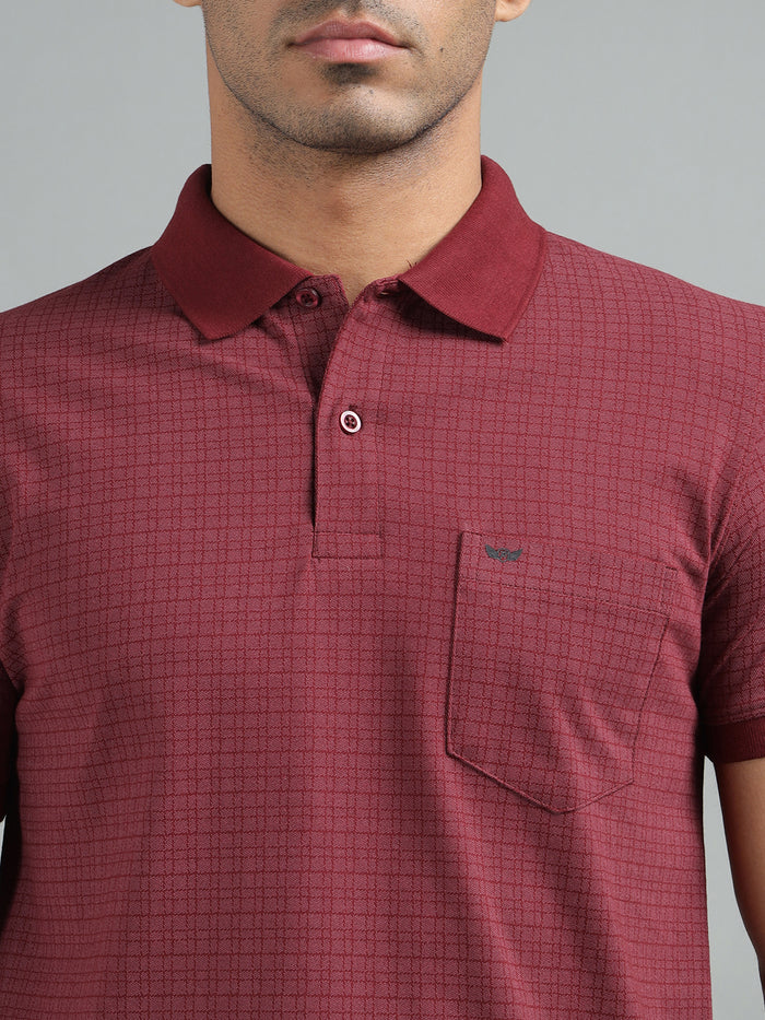 Men Maroon Regular Fit Checked Polo Neck T-shirt