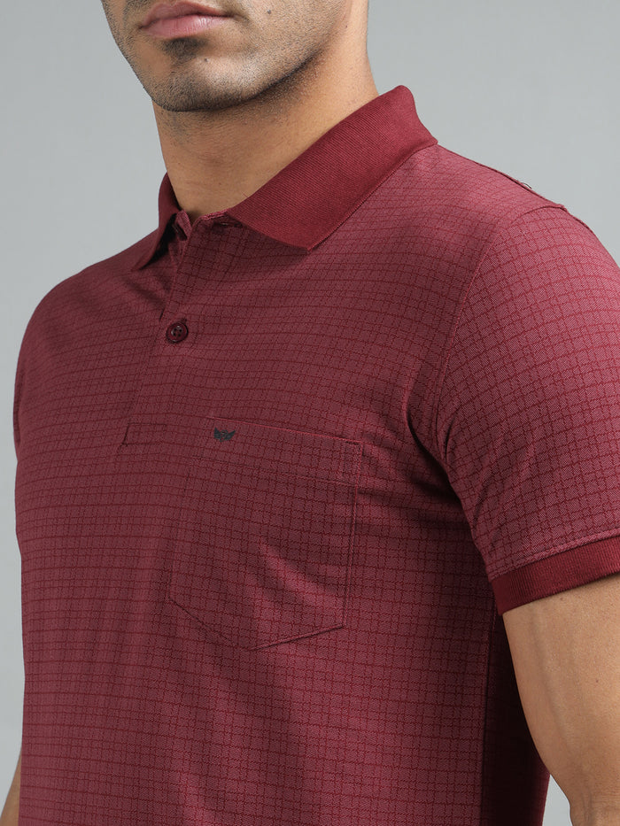 Men Maroon Regular Fit Checked Polo Neck T-shirt