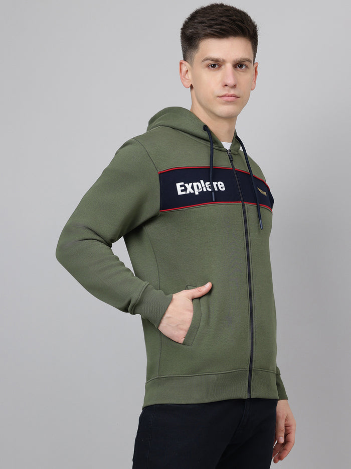 Men Olive Hooded Zipper Jacket
