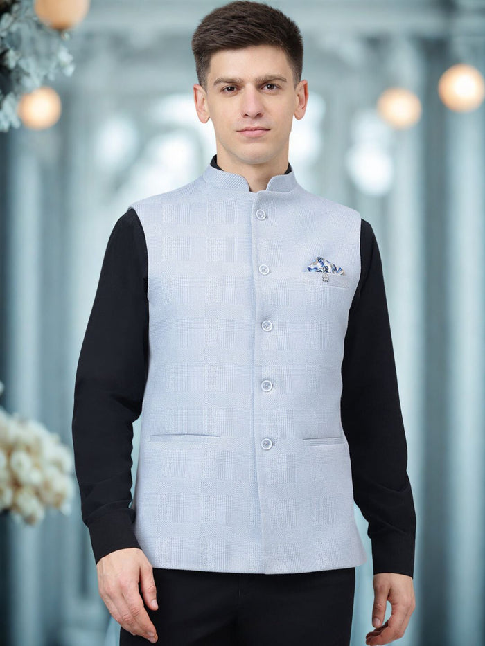 Men Sky Blue Textured Nehru Jacket