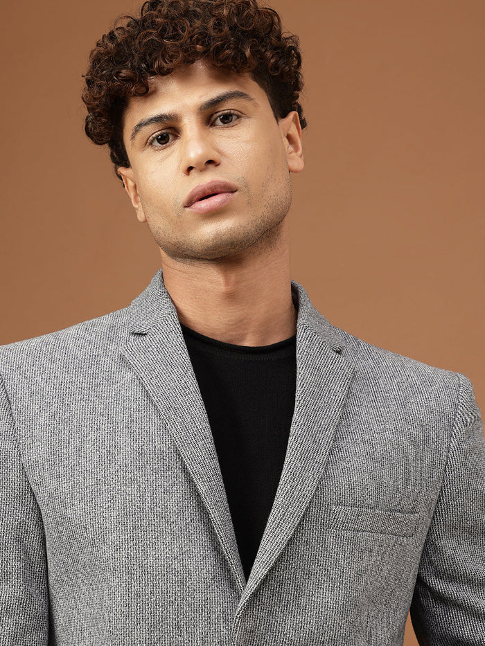 Richlook Men’s Grey Herringbone Textured Blazer – tailored fit single-breasted blazer with notch lapel and flap pockets, perfect for formal and party wear.