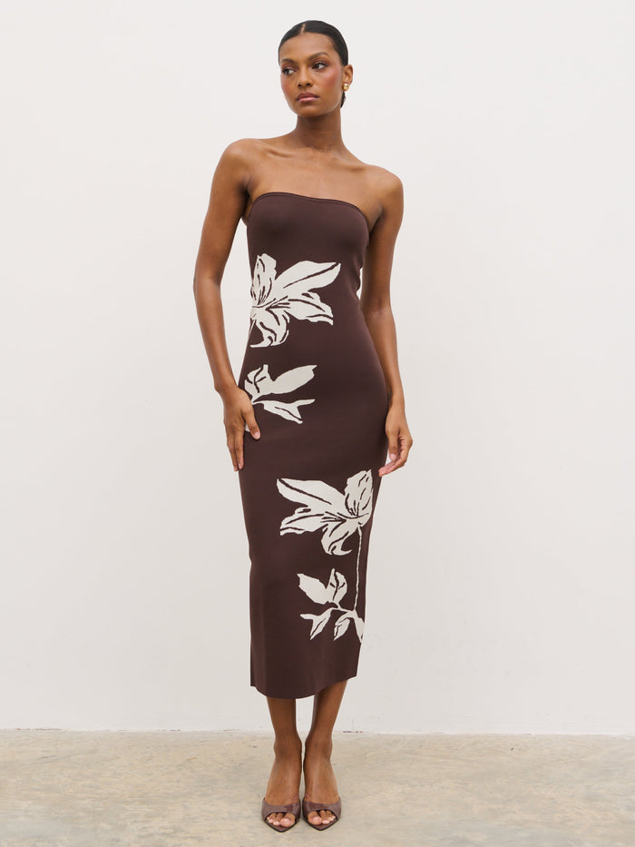 Montanna is 5'7" & Wears Size UK XS|Milena Floral Bandeau Knit Midaxi Dress - Chocolate and Cream