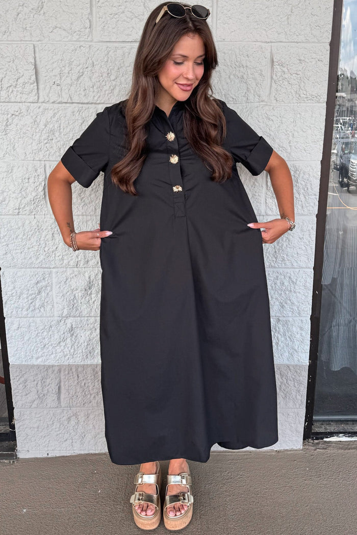 solid black with gold decorative bodice buttons short sleeve relaxed silhouette midi dress