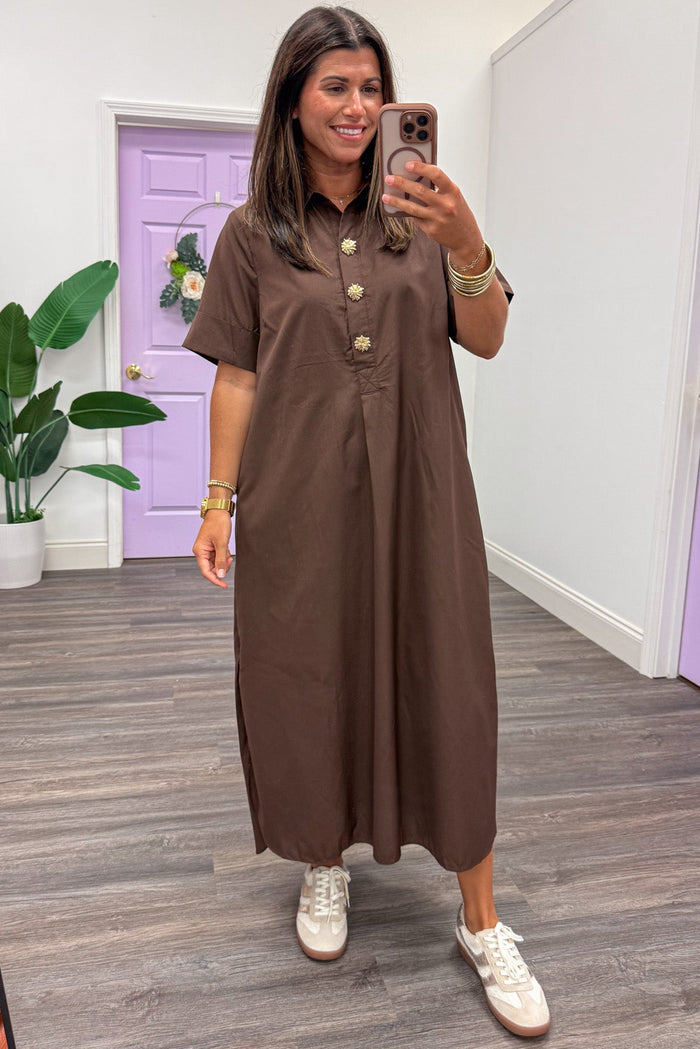 solid dark brown with decorative gold button snap bodice short sleeve midi dress