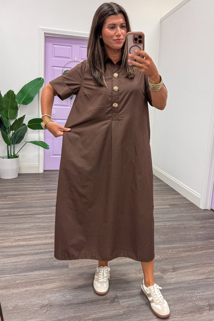 solid dark brown with decorative gold button snap bodice short sleeve relaxed silhouette midi dress