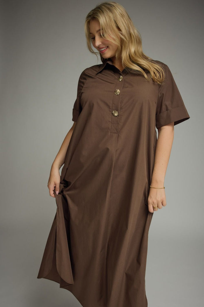 Entro brown midi dress with gold decorative snap bodice and collar in flattering plus size