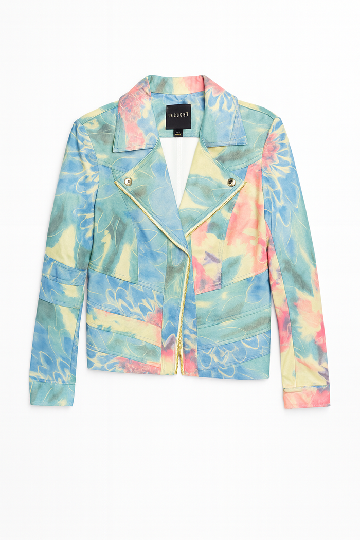 Multicolor abstract print moto jacket with a zip front, notched collar, metal hardware, and bold blue, yellow, pink, and green pattern.