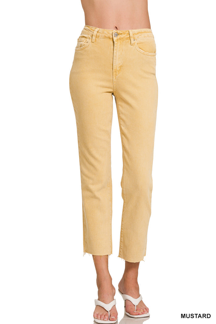 Mustard Zenana acid washed high waist cropped straight jeans with a cropped straight-leg silhouette and warm washed finish.