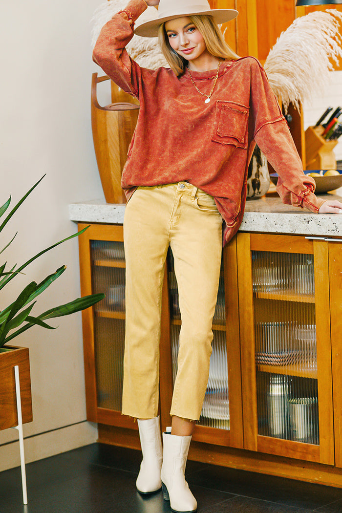 Style the Mustard Zenana Acid Washed High Waist Cropped Straight Jeans exclusively at Born To Glam