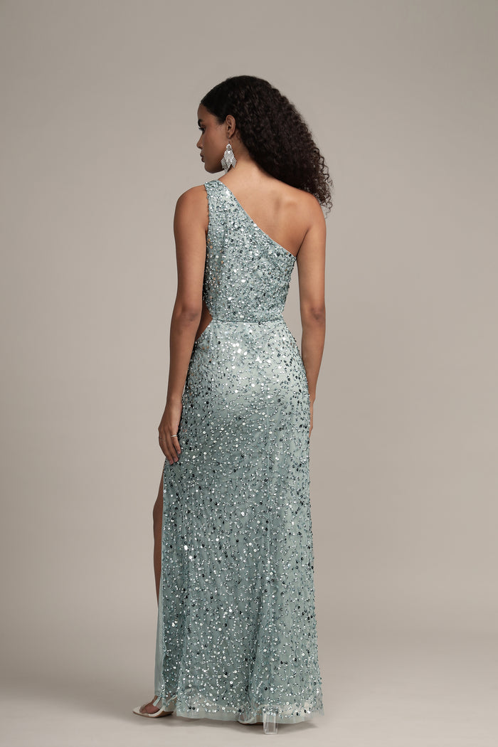 Naeve One Shoulder Sequin Dress in Teal