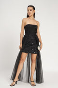 Strapless black embellished tulle high-low maxi dress