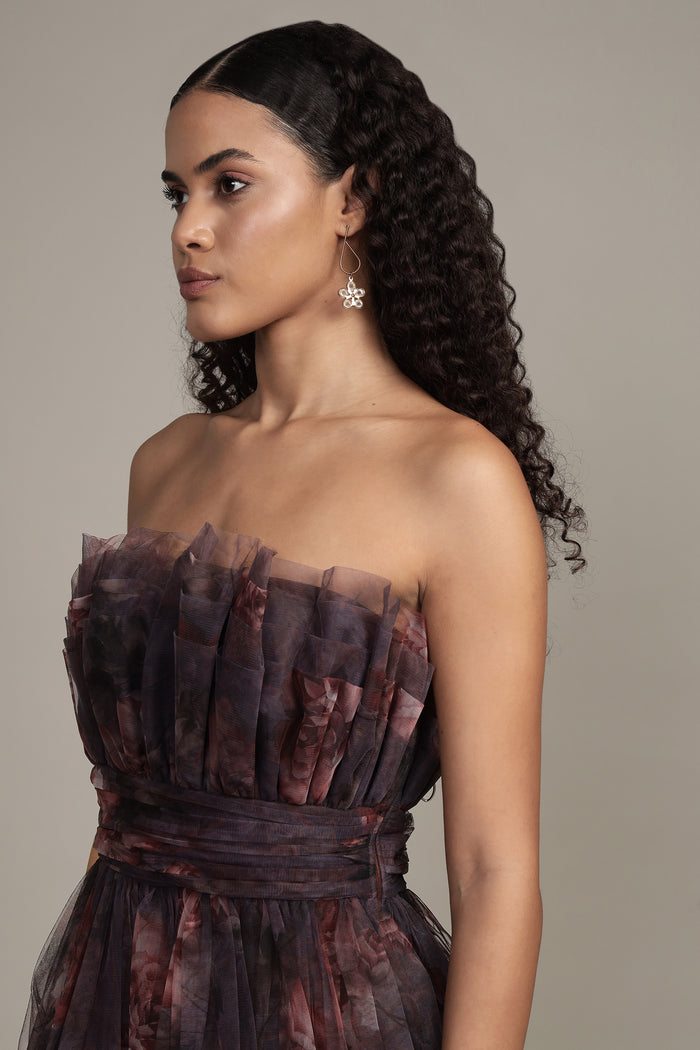 Nanita Tulle Mini Dress with Balloon Hem in Plum Floral