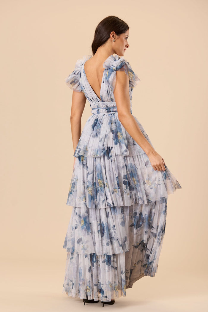Naomi Tulle Maxi Dress in Grey Magnolia Print