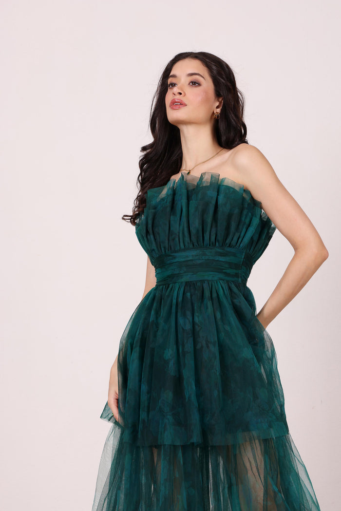 Natalia Tulle Maxi Dress in Jade Green Floral