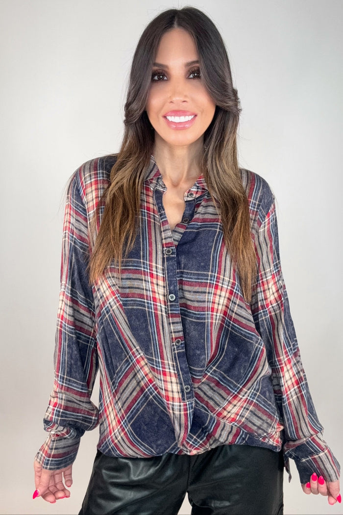 Style the Navy Washed Plaid Surplice Blouse exclusively at Born To Glam