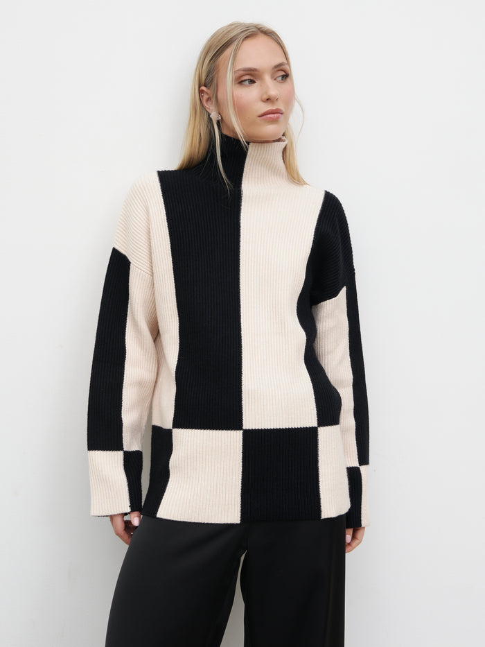 Honor is 5'4"  & Wears Size UK S|Nayah Jumper - Black and Cream Stripe