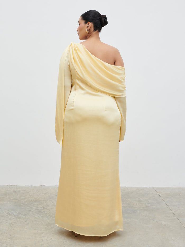 Souki Is 5'8" & Wears Size UK 18|Neomie One Shoulder Tie Chiffon Maxi Dress Curve - Lemon