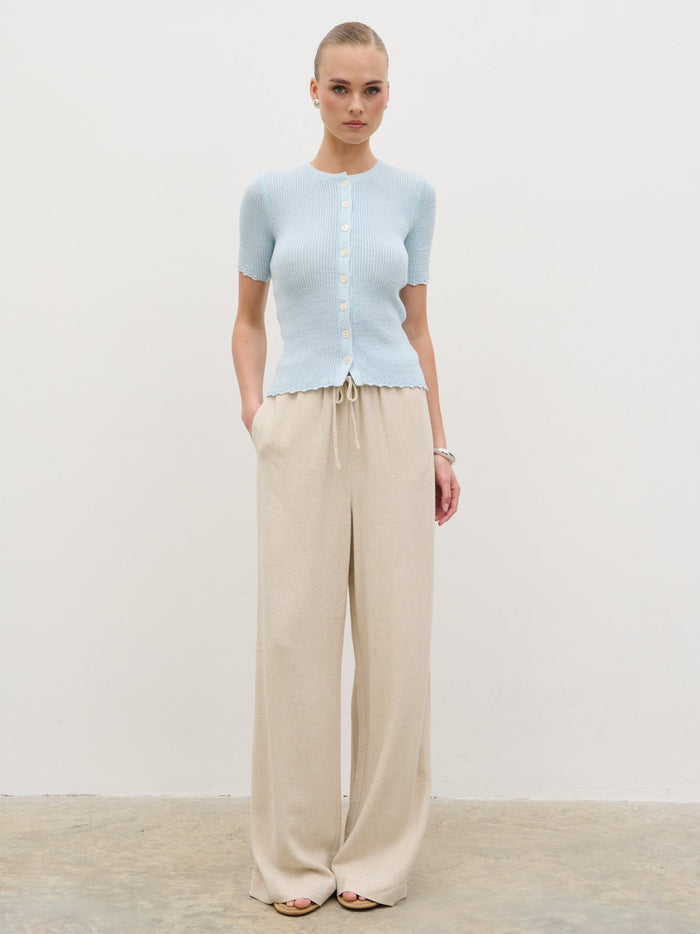 Nina is 5'8" & Wears Size UK 6|Nessa Wide Leg Linen Blend Trousers - Natural