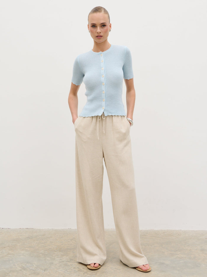 Nina is 5'8" & Wears Size UK 6|Nessa Wide Leg Linen Blend Trousers - Natural