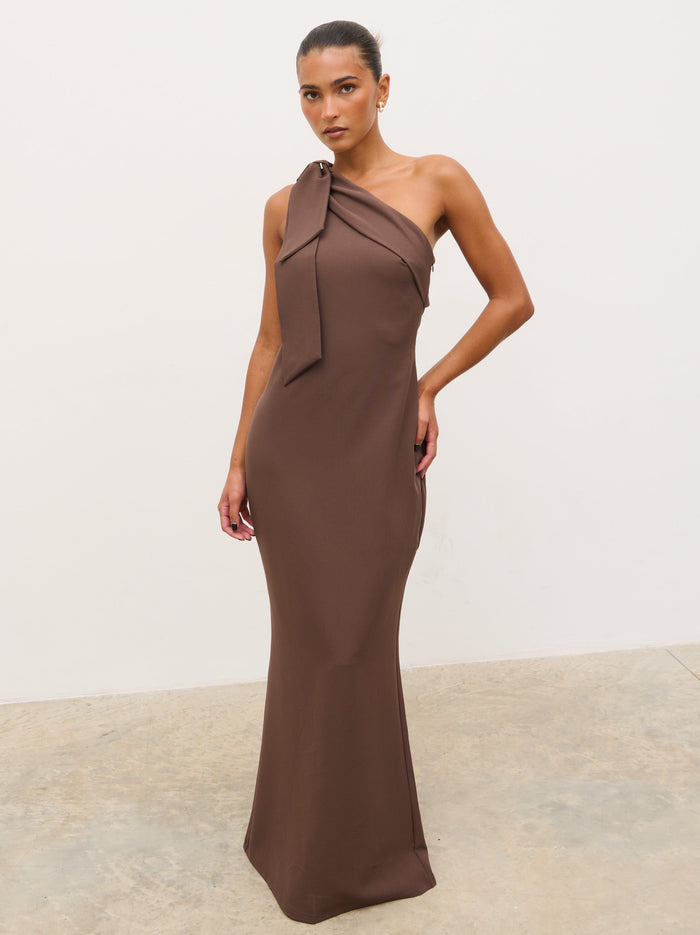 Tina is 5'6" & Wears Size UK 8|Nevaeh One Shoulder Crepe Maxi Dress - Chocolate Brown