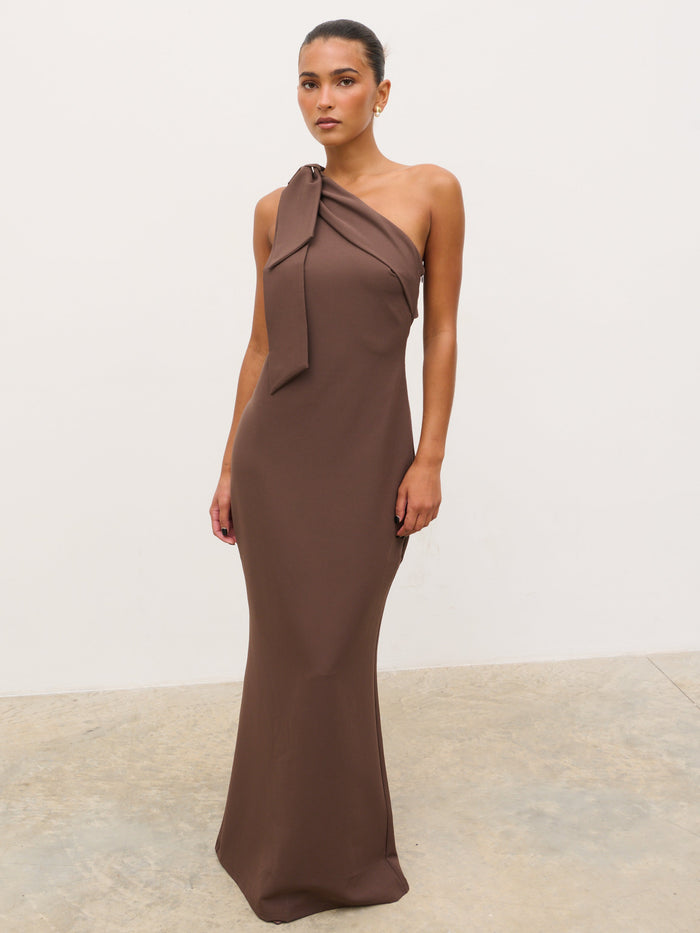 Tina is 5'6" & Wears Size UK 8|Nevaeh One Shoulder Crepe Maxi Dress - Chocolate Brown