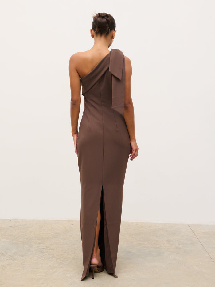 Tina is 5'6" & Wears Size UK 8|Nevaeh One Shoulder Crepe Maxi Dress - Chocolate Brown