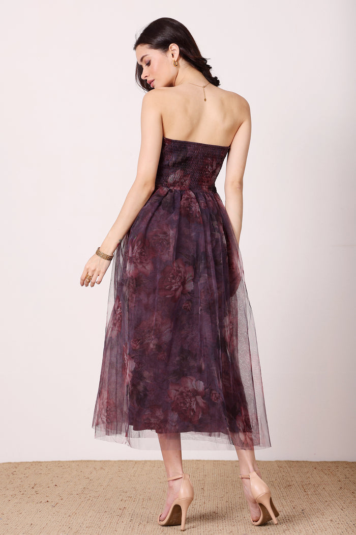Nusrat Tulle Midi Dress in Plum Floral