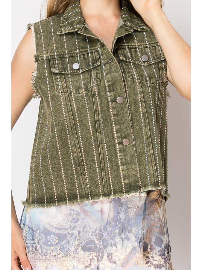 Style the Olive Crystal Stripe Denim Vest exclusively at Born To Glam