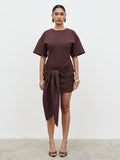 Candy Is 5'6" & Wears Size UK 8|Olivia Jersey Knot Mini Dress - Brown