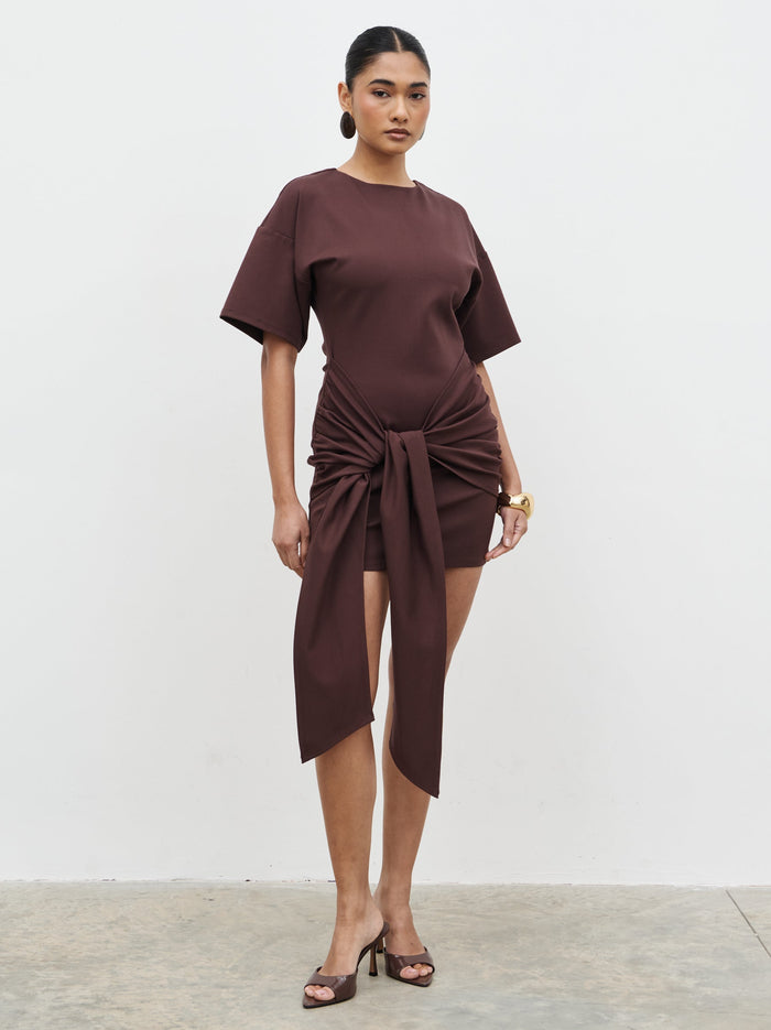 Candy Is 5'6" & Wears Size UK 8|Olivia Jersey Knot Mini Dress - Brown