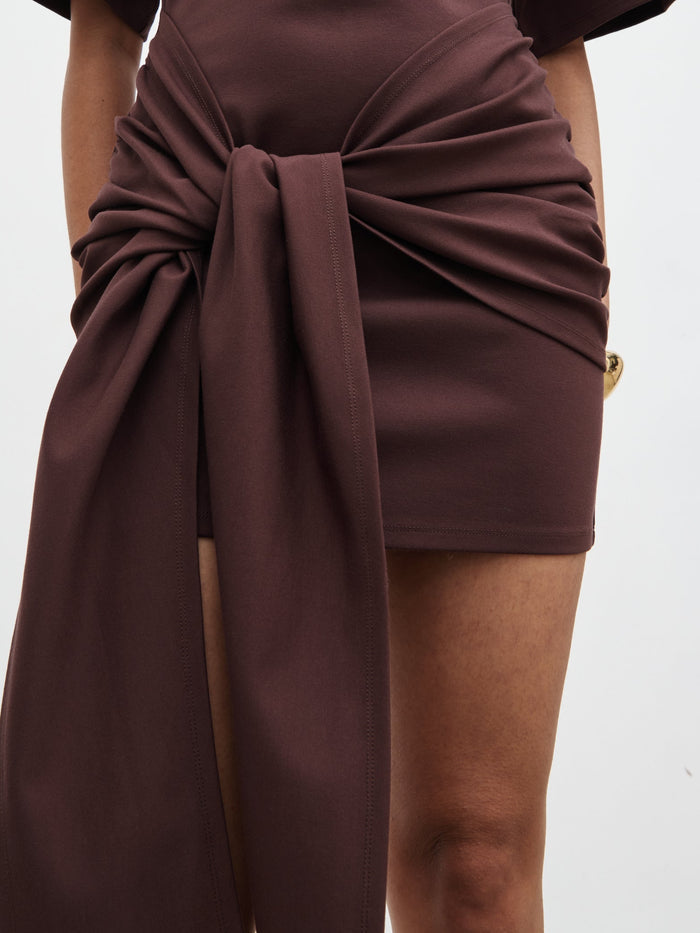 Candy Is 5'6" & Wears Size UK 8|Olivia Jersey Knot Mini Dress - Brown
