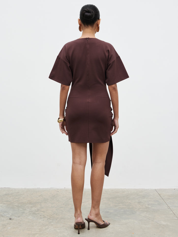 Candy Is 5'6" & Wears Size UK 8|Olivia Jersey Knot Mini Dress - Brown