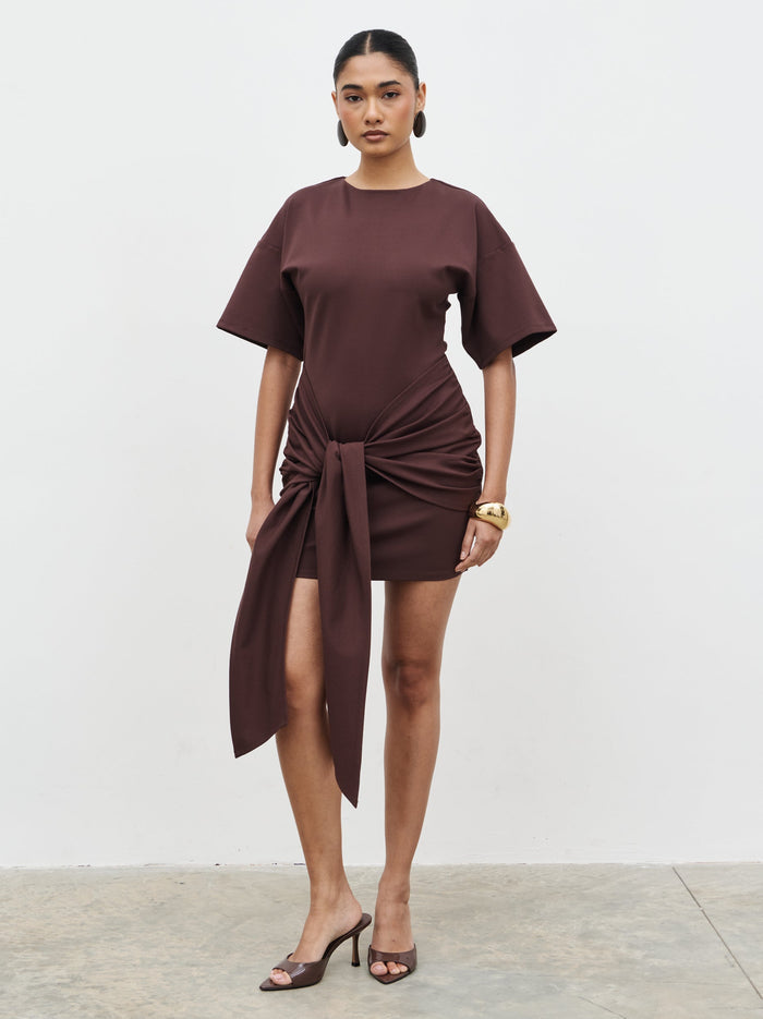 Candy Is 5'6" & Wears Size UK 8|Olivia Jersey Knot Mini Dress - Brown