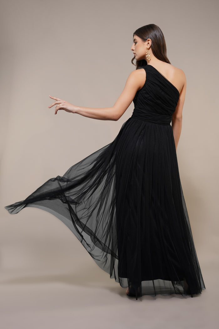 One Shoulder Tulle Maxi Dress in Black