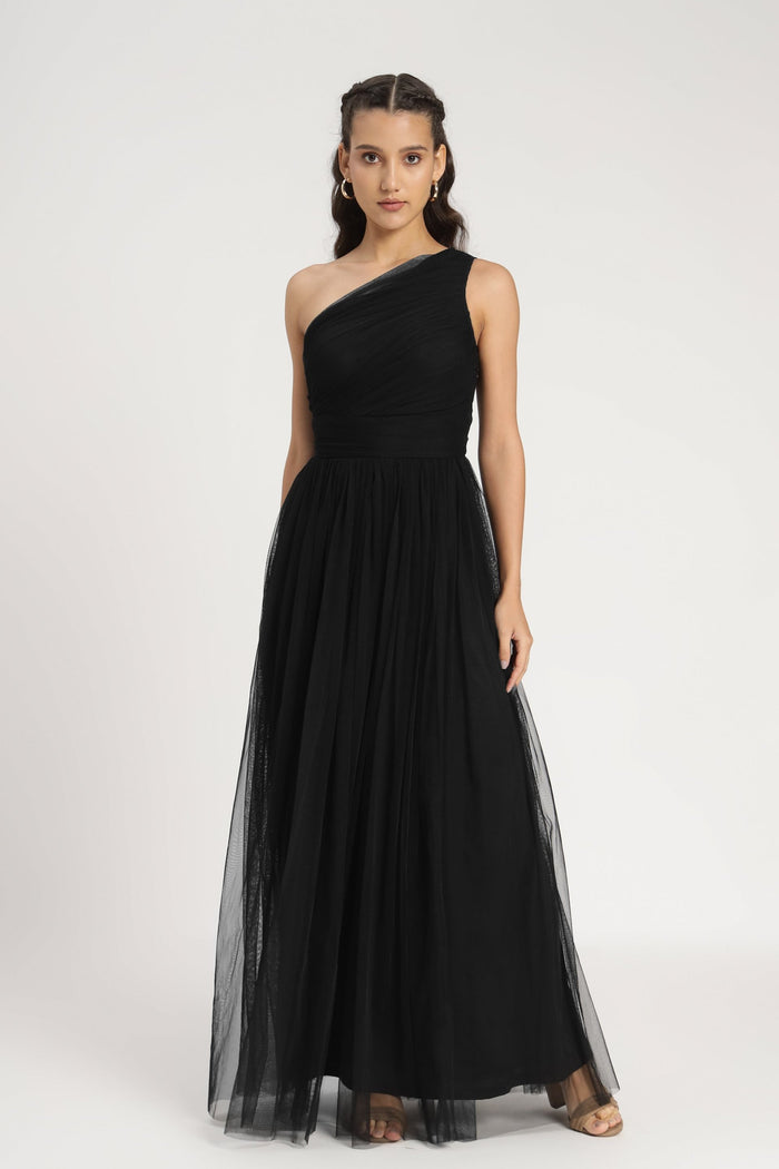One Shoulder Tulle Maxi Dress in Black