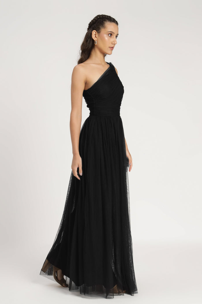 One Shoulder Tulle Maxi Dress in Black