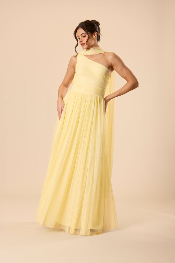 One Shoulder Tulle Maxi Dress in Buttercup Yellow with Scarf