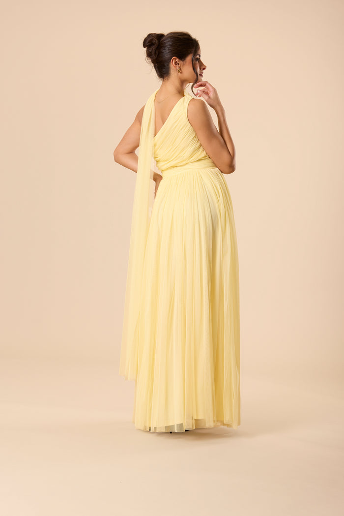 One Shoulder Tulle Maxi Dress in Buttercup Yellow with Scarf