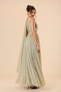 One Shoulder Scarf Maxi Bridesmaid Green Dusty Sage Formal Tulle Mesh