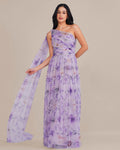One Shoulder Tulle Maxi Dress in Lilac Floral with Scarf
